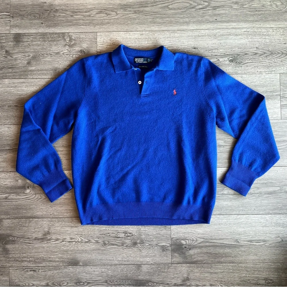 Polo by Ralph Lauren Vintage Men’s Collared Sweater 100% Lambs Wool XXL Blue